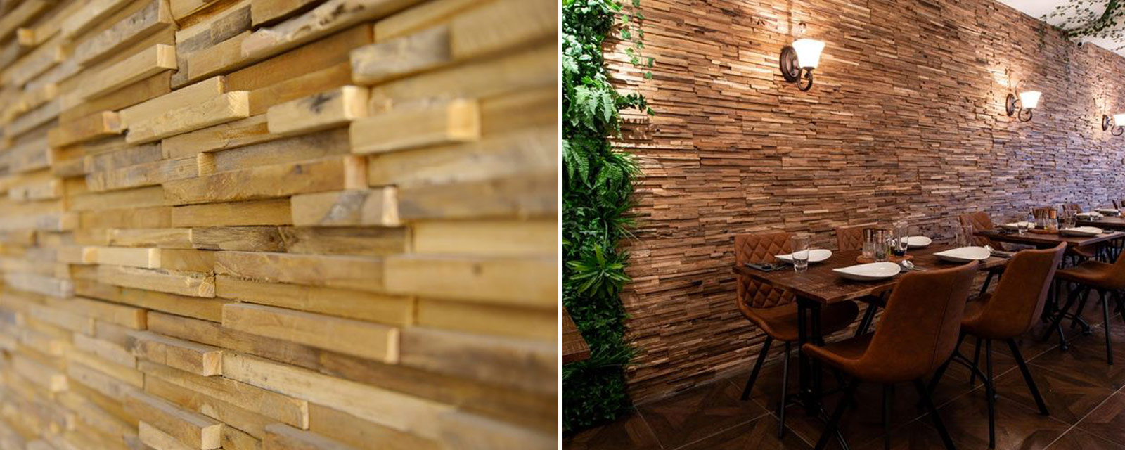 plaquettes de parement en bois Bauma Stone posés dans un restaurant