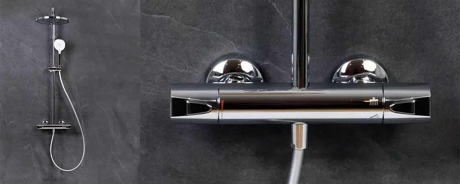 colonne de douche thermostatique chromée installée sur un mur gris