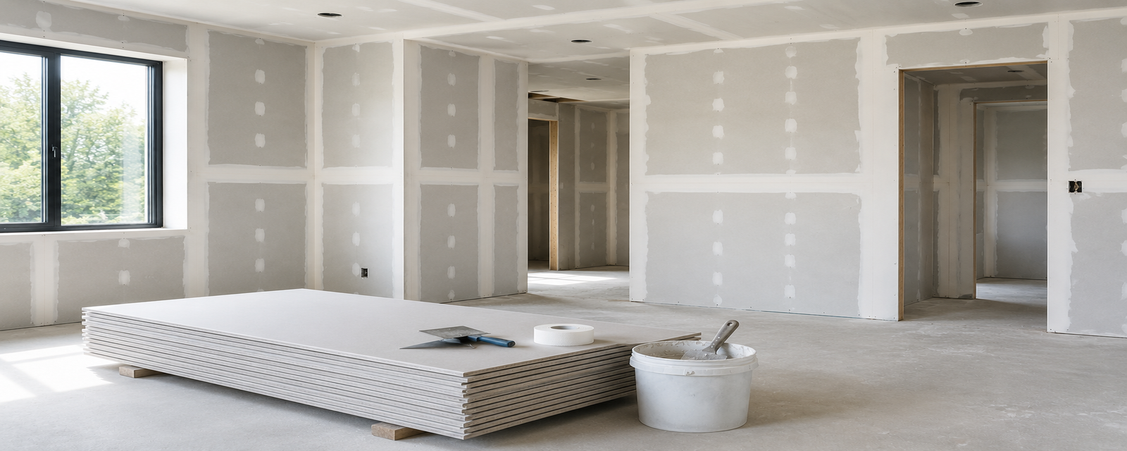 plaques de plâtre dans une construction neuve