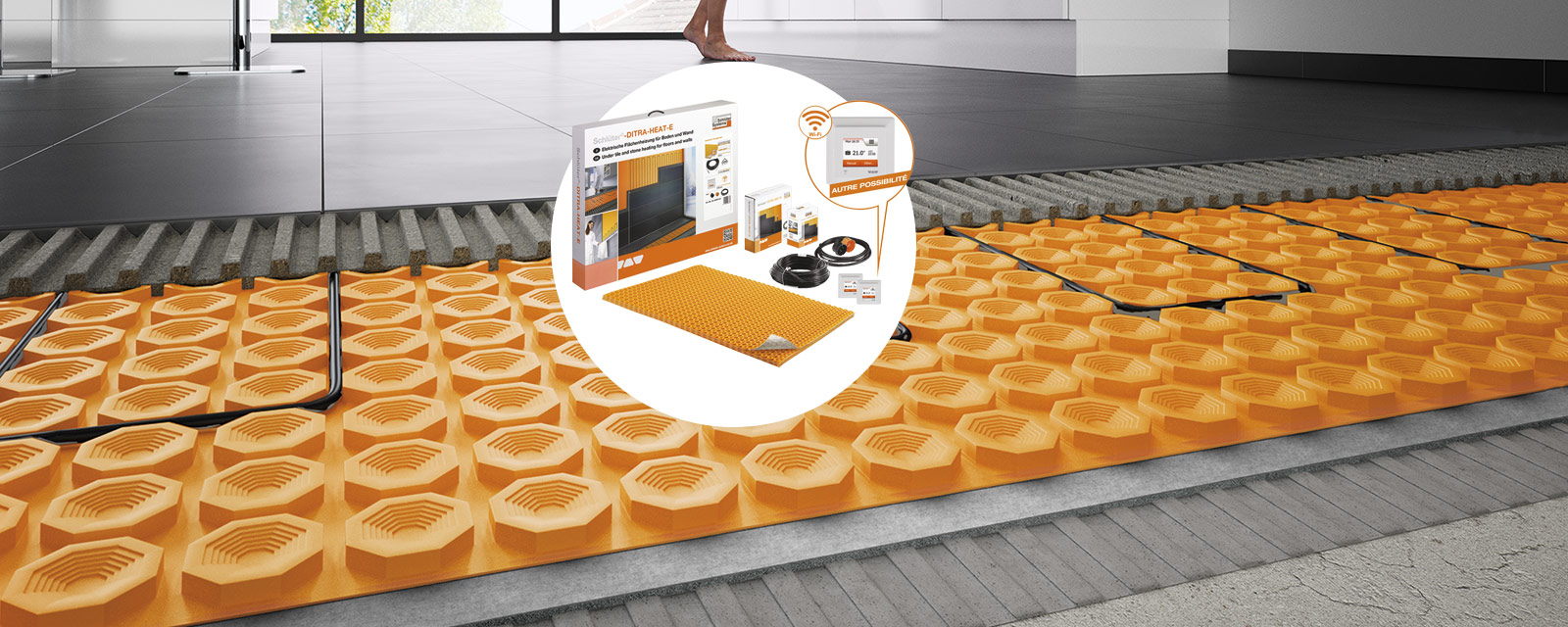 illustration de l'installation de la solution de traitement acoustique et thermique Schlüter-DITRA-HEAT-DUO