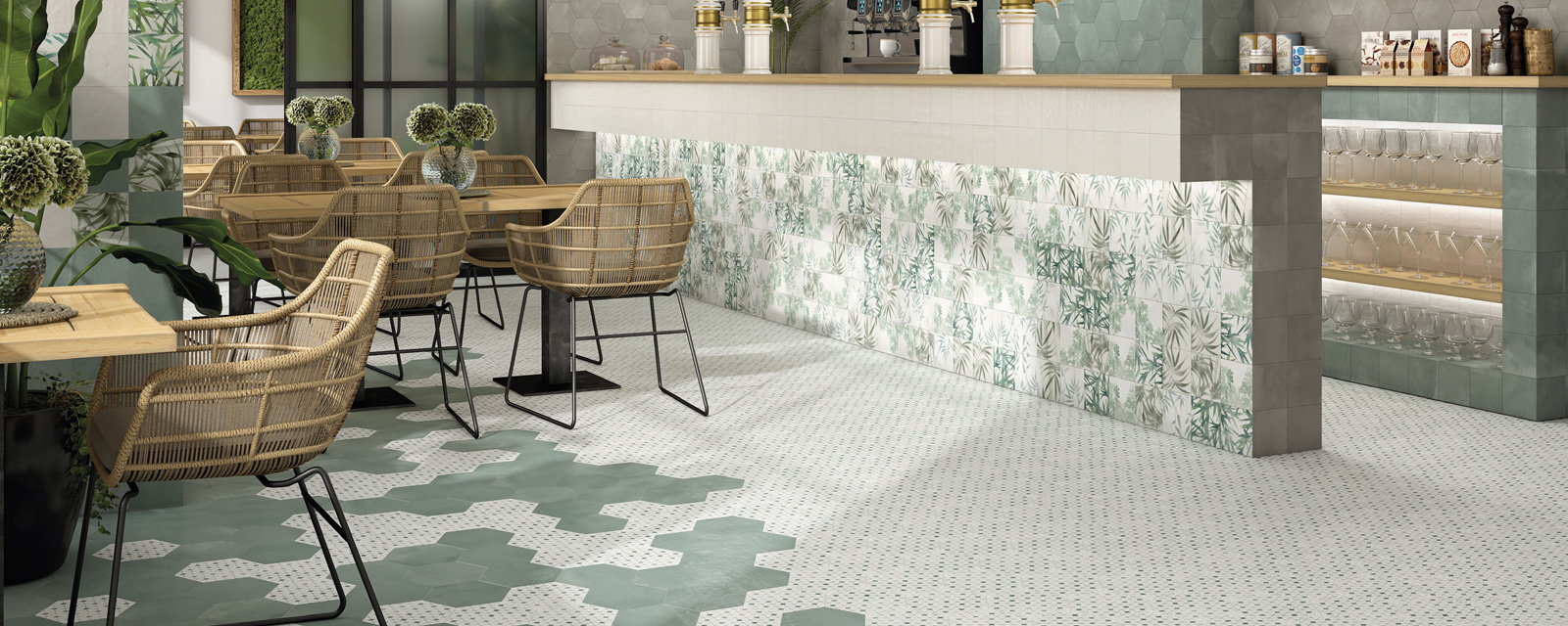 visuel d'une pièce intérieure avec du carrelage hexagonal
