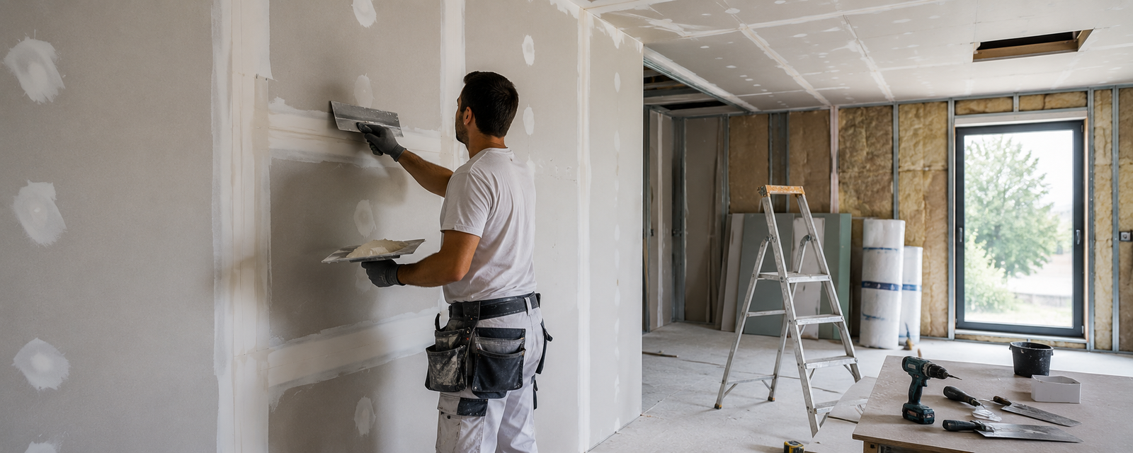 enduit sur des plaques de plâtre dans une maison en construction