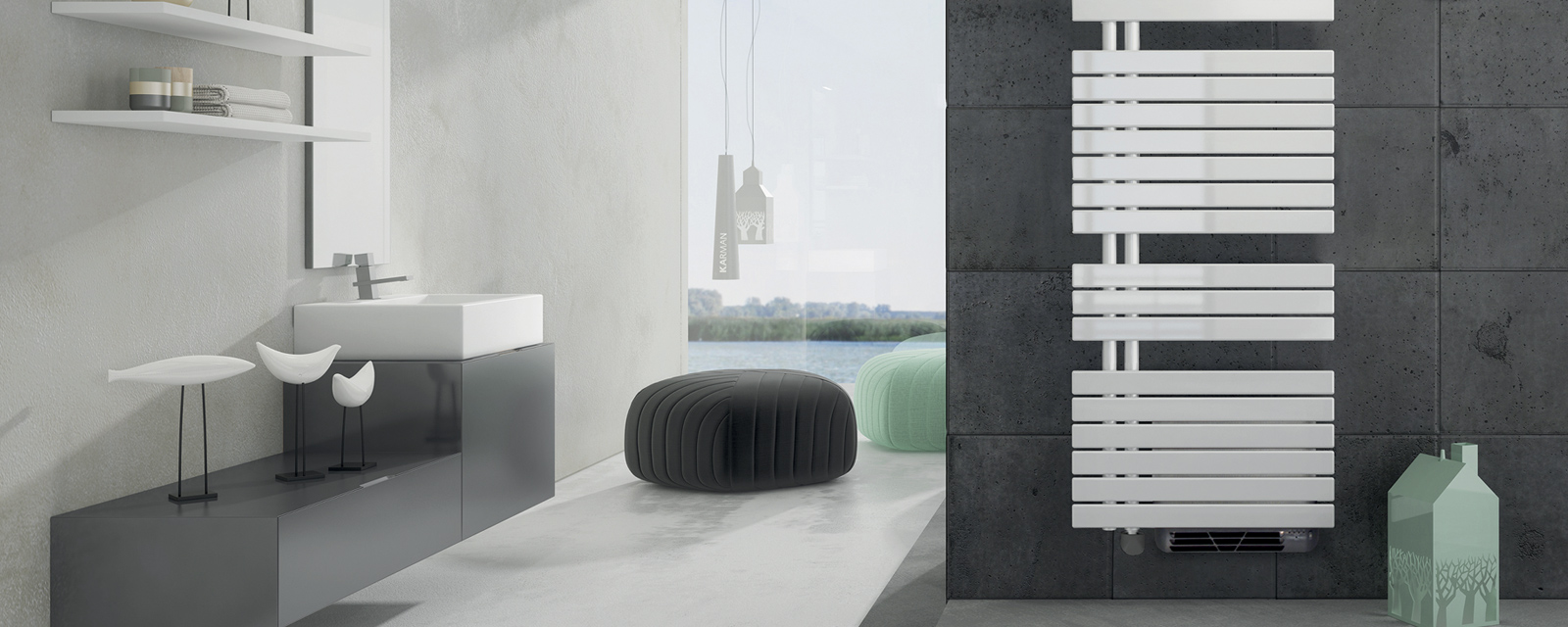 Radiateur sèche-serviettes installé sur le mur d'une salle de bains design