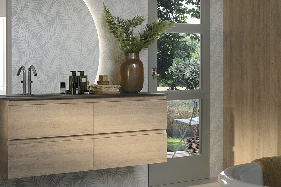 meuble sous vasque dans une salle de bains de style zen