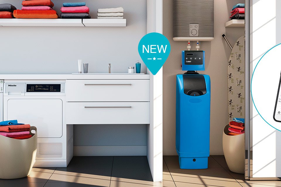 Buanderie avec machine à laver et adoucisseur d'eau Calypso Connect