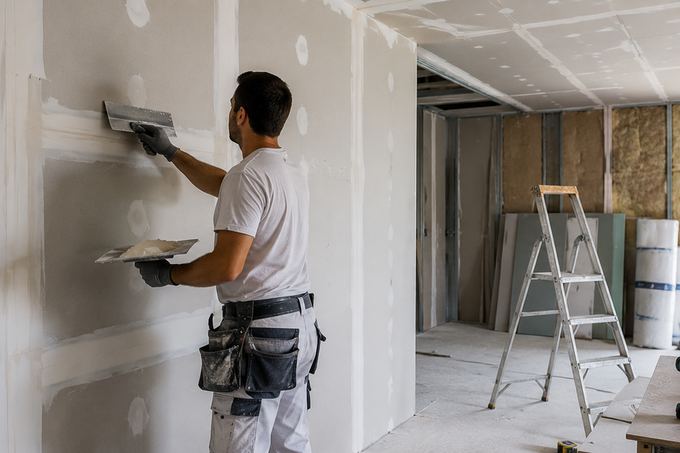 enduit sur des plaques de plâtre dans une maison en construction