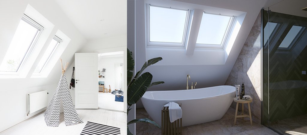 Salle de bain blanche fenêtres VELUX JUMO baignoire moderne combles lumineux